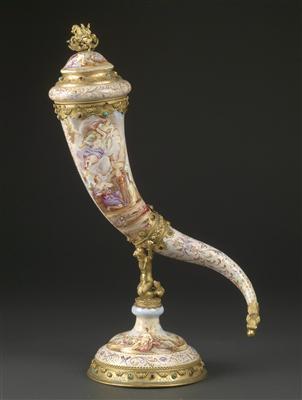 Vienna historismus enamelled drinking horn, - Antiques: Clocks, Metalwork, Asiatica, Faience, Folk art, Sculptures