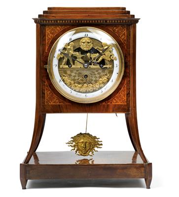 Biedermeier Kommodenuhr mit Automat und Augenwender - Antiquitäten (Uhren, Skulpturen, Metallarbeiten, Fayencen, Volkskunst, Silber)