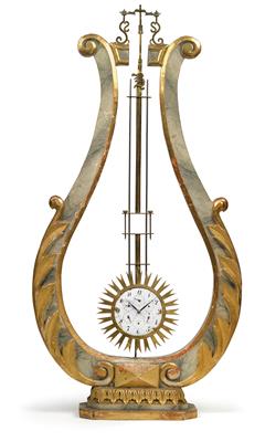Große Klassizismus Freischwinger Lyrauhr mit Vollkalender - Antiquitäten (Uhren, Skulpturen, Metallarbeiten, Fayencen, Volkskunst, Silber)