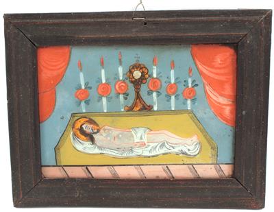 A reverse glass painting, burial place, - Antiques: Clocks, Sculpture, Faience, Folk Art