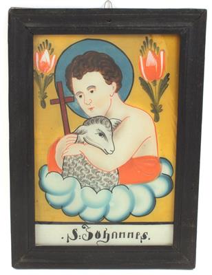 A reverse glass painting, the infant St. John with lamb, - Antiques: Clocks, Sculpture, Faience, Folk Art