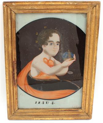 A reverse glass painting, the infant Jesus, - Starožitnosti