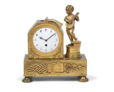 Miniatur Bronzeuhr "la musique" - Antiquitäten (Uhren, Skulpturen, Metallarbeiten, Fayencen, Volkskunst, Silber)