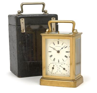 A travel alarm clock "Marenzeller" from Vienna, with case - Antiques: Clocks, Sculpture, Faience, Folk Art