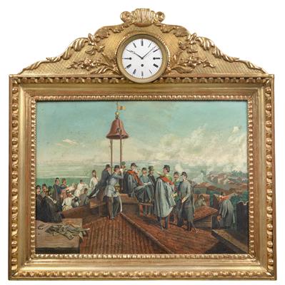 A Biedermeier framed clock with musical mechanism, "The Siege of Venice, 1849, under Julius von Haynau" - Orologi, metalli lavorati, arte popolare e ceramica faentina, sculture  +Strumenti scientifici e globi d'epoca