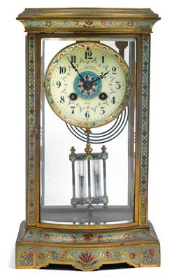 A cloisonné table clock "Morawetz K. u. K. Hofuhrmacher Wien" - Orologi, metalli lavorati, arte popolare e ceramica faentina, sculture  +Strumenti scientifici e globi d'epoca