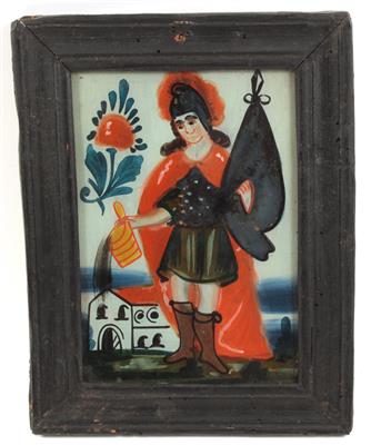 A reverse glass painting "St. Florian" - Clocks, Metalwork, Faience, Folk Art, Sculptures +Antique Scientific Instruments and Globes