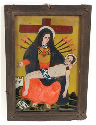 A reverse glass painting, Seven Sorrows of Mary, - Orologi, metalli lavorati, arte popolare e ceramica faentina, sculture  +Strumenti scientifici e globi d'epoca