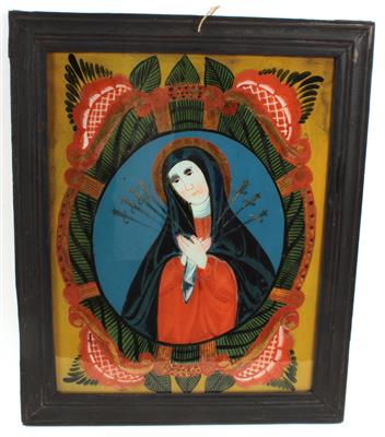 A reverse glass painting, The Seven Sorrows of Mary, - Starožitnosti  +Historické vědecké přístroje a globusy