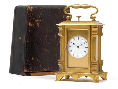 A small Biedermeier travel clock with repeater, with case - Antiques: Clocks, Sculpture, Faience, Folk Art, Vintage, Metalwork