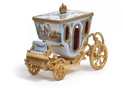 A musical mechanism in the form of a coach, with enamel painting, - Antiques: Clocks, Sculpture, Faience, Folk Art, Vintage, Metalwork