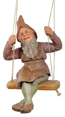 A garden dwarf on a swing, - Antiquariato - orologi, sculture, maioliche, arte popolare