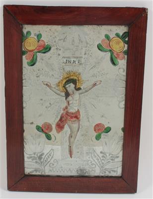 Spiegelschliffbild Christus am Kreuz, - Uhren, Metallarbeiten, Varia, Vintage, Fayence, Volkskunst, Skulpturen