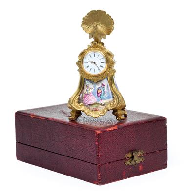 A Historism Period miniature bronze clock from Vienna, with enamel painting - Antiques: Clocks, Sculpture, Faience, Folk Art, Vintage, Metalwork