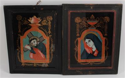 Two paintings on glass, The Virgin and Christ bearing the cross, - Antiques: Clocks, Sculpture, Faience, Folk Art, Vintage, Metalwork