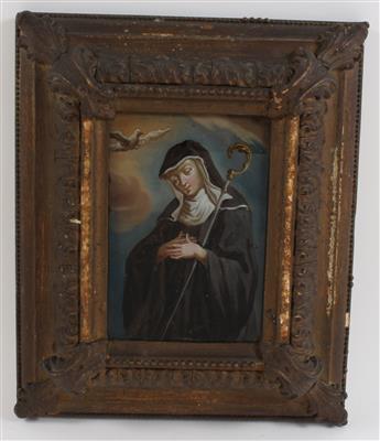 A painting on glass, St Scholastica, - Antiquariato - orologi, sculture, maioliche, arte popolare