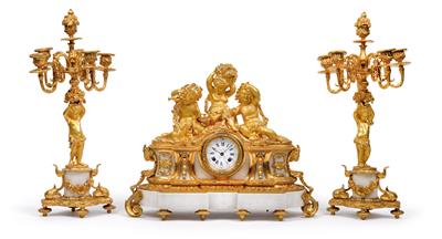Französische Historismus Kamingarnitur "Bachanten" - Uhren, Metallarbeiten, Vintage, Fächersammlung, Fayence, Skulpturen, Volkskunst