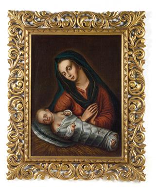 An oil painting, Madonna and swaddled Child, - Starožitnosti