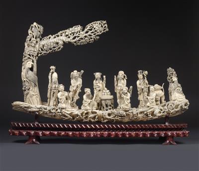 Eight immortals and Shou Lao on a barge, China, late Qing dynasty/ republic period - Antiques: Clocks, Vintage, Asian art, Faience, Folk Art, Sculpture