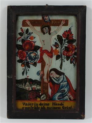 Christus am Kreuz, Hinterglasbild, Sandl, - Uhren, Metallarbeiten, Vintage, Asiatika, Fayencen, Volkskunst, Skulpturen