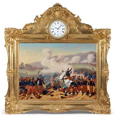 A Biedermeier battle painting picture clock with musical mechanism - Antiques and art