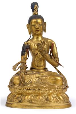 Feuervergoldete Kupfer Repoussé Figur der Sitatara, tibeto-chinesisch, 19. Jh. - Uhren, Metallarbeiten, Vintage, Asiatika, Fayencen, Skulpturen, Volkskunst