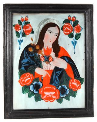 The Immaculate Heart of Mary, a painting behind glass, Sandl, - Umění a starožitnosti
