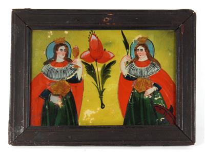 Sts Barbara and Catherine, a painting behind glass, Sandl, - Antiques and art