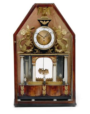 An Empire commode clock with musical mechanism, in display case - Orologi, arte asiatica, metalli lavorati, fayence, arte popolare, sculture