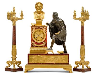 A large Empire marble mantlepiece clock with candleholders - "Virgil" - Umění a starožitnosti