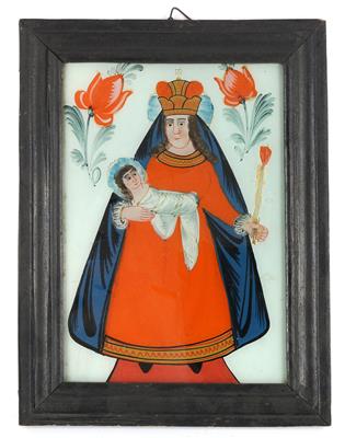 Hinterglasbild, Maria mit Jesuskind, - Uhren, Metallarbeiten, Asiatika, Fayencen, Skulpturen, Volkskunst
