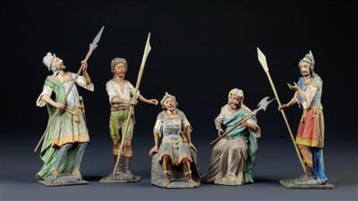 ascribed to Johann Giner the Younger (Thaur 1806 - 1872), five nativity figures, - Clocks, Asian Art, Metalwork, Faience, Folk Art, Sculpture