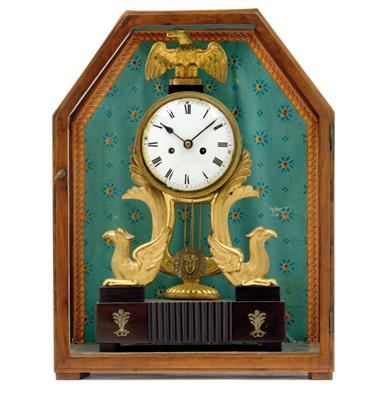 A small Empire commode clock with eagles in a display case - Clocks, Asian Art, Metalwork, Faience, Folk Art, Sculpture
