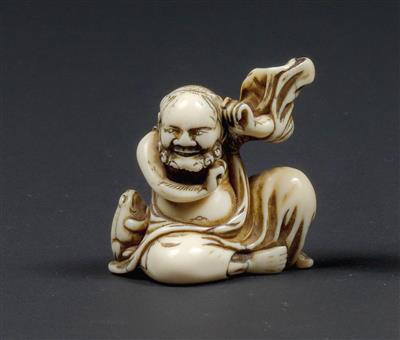 An ivory netsuke of Gama Sennin, Japan, 19th cent., signed Tomokazu - Orologi, arte asiatica, metalli lavorati, fayence, arte popolare, sculture