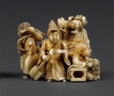 An ivory okimono of a figural group, Japan, Meiji Period - Clocks, Asian Art, Metalwork, Faience, Folk Art, Sculpture