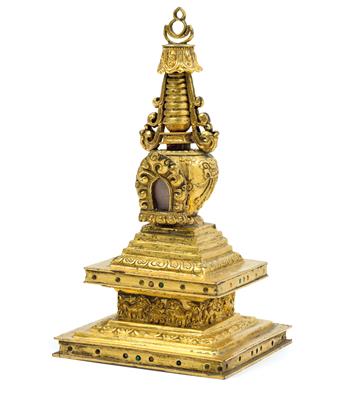 Feuervergoldete Stupa aus Bronze, tibeto-chinesisch, 18./19. Jh. - Uhren, Metallarbeiten, Asiatika, Vintage, Fayencen, Skulpturen, Volkskunst