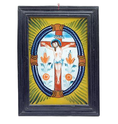 Hinterglasbild, Christus am Kreuz, - Uhren, Metallarbeiten, Asiatika, Vintage, Fayencen, Skulpturen, Volkskunst