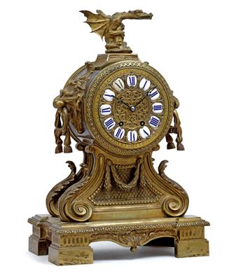 A Historism Period bronze mantelpiece clock with dragon finial - Clocks, Asian Art, Vintage, Metalwork, Faience, Folk Art, Sculpture