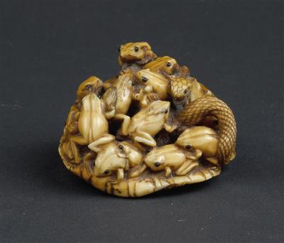 Netsuke einer Schlange und Schildkröte mit Fröschen auf Blatt, Japan, Meiji Periode, signiert Masamitsu - Uhren, Metallarbeiten, Asiatika, Vintage, Fayencen, Skulpturen, Volkskunst