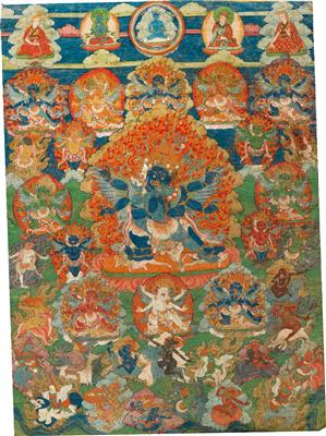 Thangka "Die Gottheit des magischen Dolches" Vajrakilaya oder Vajrakumara, Tibet, ca. 18. Jh. - Uhren, Metallarbeiten, Asiatika, Vintage, Fayencen, Skulpturen, Volkskunst