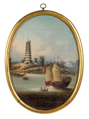 Youqua (active 1840-1880) Whampoa pagoda and Dahangjao fort - Orologi, arte asiatica, vintage, metalli lavorati, fayence, arte popolare, sculture