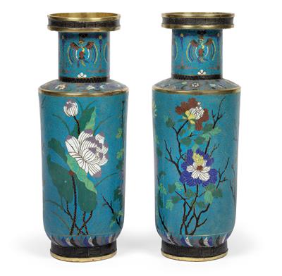 A pair of cloisonné rouleau vases, China, Jiaqing Period - Clocks, Asian Art, Metalwork, Faience, Folk Art, Sculpture