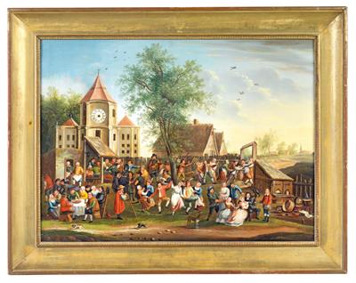 A pictorial clock "Flemish Fair" - Clocks, Asian Art, Metalwork, Faience, Folk Art, Sculpture