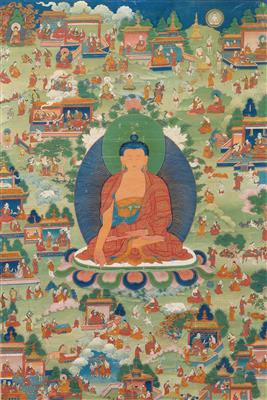 A thangka of Buddha Shakyamuni featuring the tales of Avadana-Kalpalata, Tibet, 18th/19th cent. - Clocks, Asian Art, Metalwork, Faience, Folk Art, Sculpture