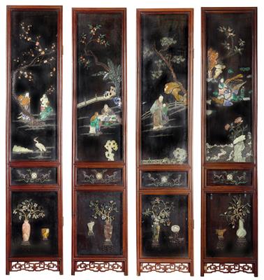 Two four-part folding screens, - Orologi, arte asiatica, metalli lavorati, fayence, arte popolare, sculture