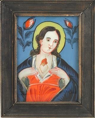 A reverse glass painting, Sacred Heart of Mary, Sandl(?), - Antiques