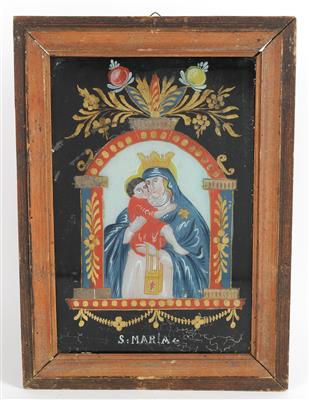 A reverse glass painting, Vigin Mary with Christ Child, Buchers, - Antiques