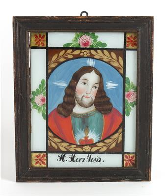 Zwei Hinterglasbilder, Herz Jesu und Herz Maria, Oberammergau, - Antiquitäten
