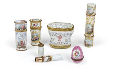 A collection of enamelled receptacles, - Antiques