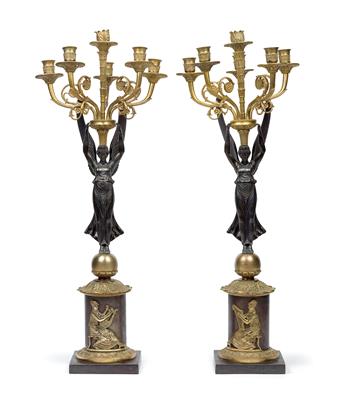 A pair of French six-flame candelabra, - Antiques